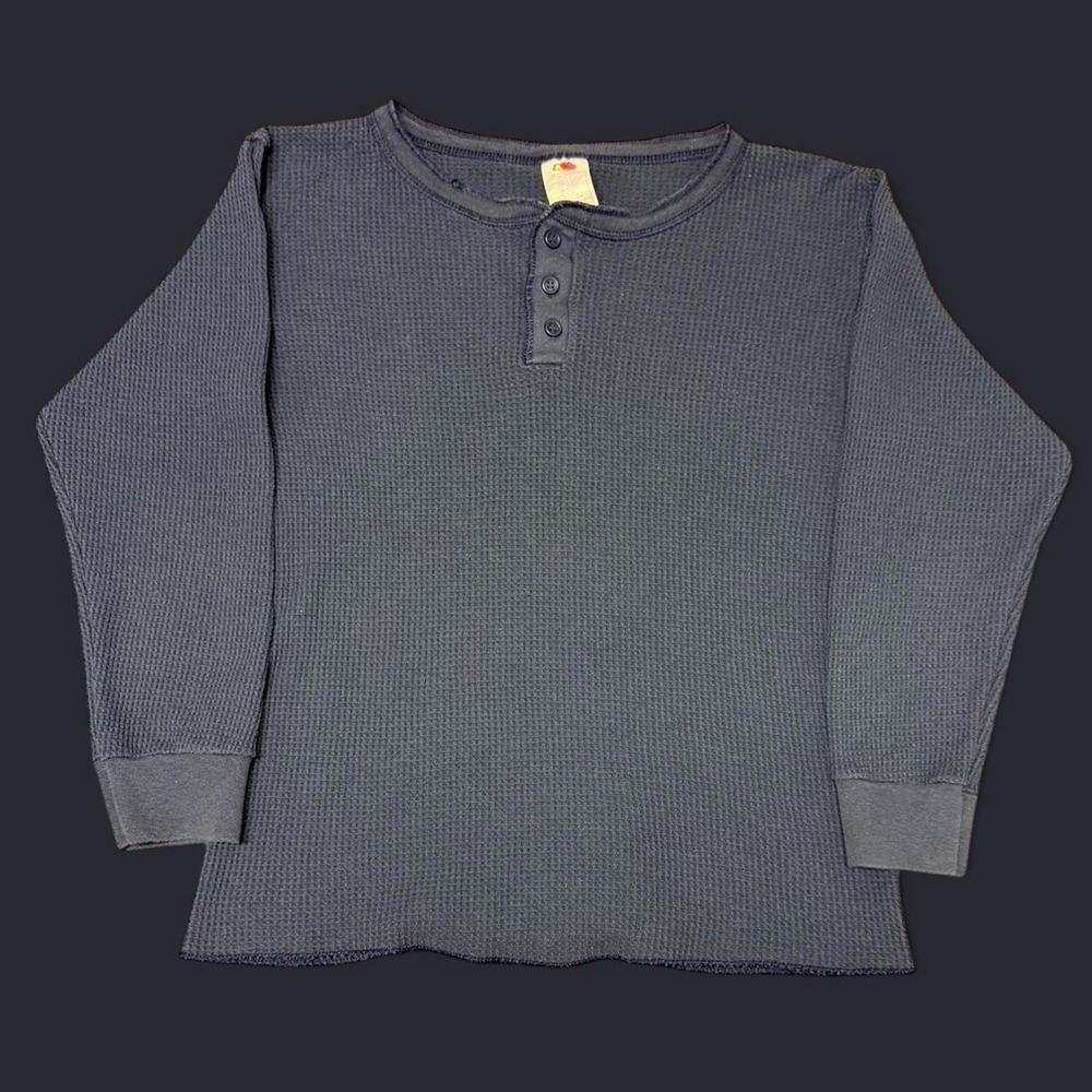 Fruit of the Loom Vintage Y2K Navy Blue Henley Thermal Shirt Womens XL